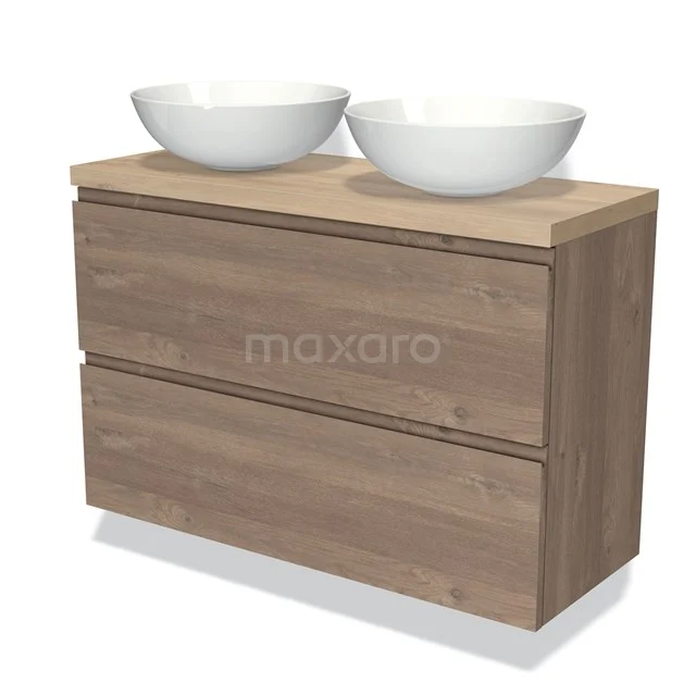 Modulo Plato Slim Vanity units for countertop basin | 100 cm Mid brown oak Handle-less front Light brown oak worktop 2 Stacked drawers BMK37-02389