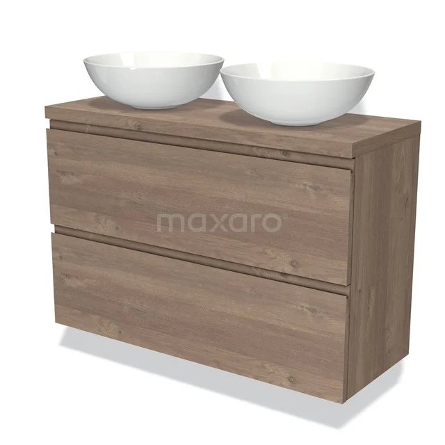 Modulo Plato Slim Vanity units for countertop basin | 100 cm Mid brown oak Handle-less front Mid brown oak worktop 2 Stacked drawers BMK37-02390