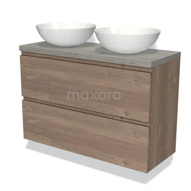 Modulo Plato Slim Vanity units for countertop basin | 100 cm Mid brown oak Handle-less front Grey oak worktop 2 Stacked drawers BMK37-02392