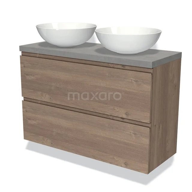 Modulo Plato Slim Vanity units for countertop basin | 100 cm Mid brown oak Handle-less front Light grey concrete worktop 2 Stacked drawers BMK37-02393