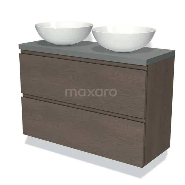 Holz Badezimmermöbel mit zwei weißen Aufsatzwaschbecken, Grau Arbeitsplatte und doppelten Schubladen, modernes und stilvolles Design.