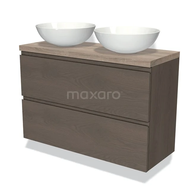 Modulo Plato Slim Vanity units for countertop basin | 100 cm Dark brown oak Handle-less front Oak worktop 2 Stacked drawers BMK37-02401