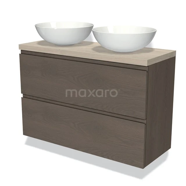 Modulo Plato Slim Vanity units for countertop basin | 100 cm Dark brown oak Handle-less front Light grey oak worktop 2 Stacked drawers BMK37-02402