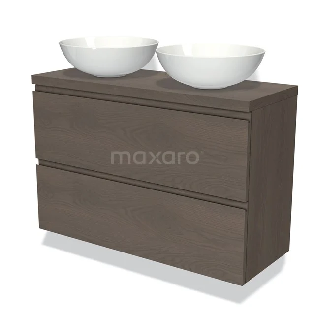 Holz-Badmöbel mit zwei weißen Waschbecken, modernes Design, dunkle Eichenoberfläche, perfekt für stilvolle Bäder.