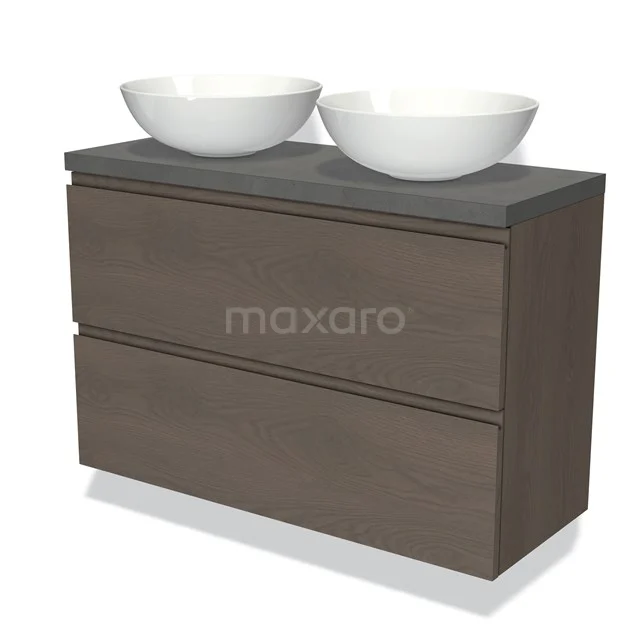 Holz-Badmöbel mit Dunkelgrau Platte, doppelte weiße Waschbecken; modernes Design für ein stilvolles Badezimmer.