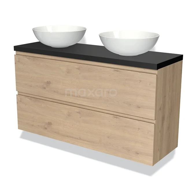 Modulo Plato Slim Vanity units for countertop basin | 120 cm Light brown oak Handle-less front Matte black worktop 2 Stacked drawers BMK37-02409
