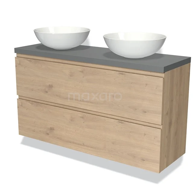 Modulo Plato Slim Vanity units for countertop basin | 120 cm Light brown oak Handle-less front Mid grey worktop 2 Stacked drawers BMK37-02410