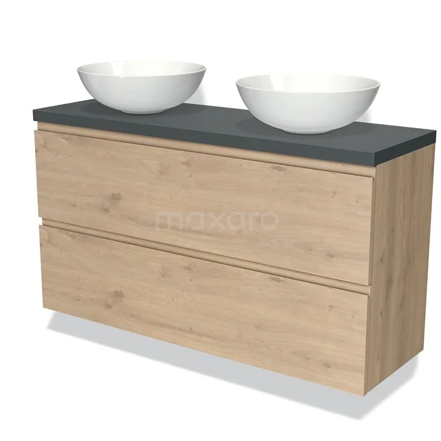 Hölzernes Badezimmermöbel mit grauer Platte, doppelte weiße Aufsatzwaschbecken, modernes Design, ideal für ein modernes Badezimmer.