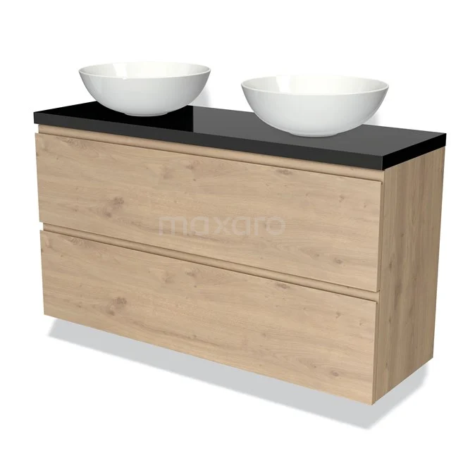 Holz-Badmöbel mit schwarzer Oberfläche und doppelten weißen Aufsatzwaschbecken, modernes Design, ideal für stilvolle Bäder.
