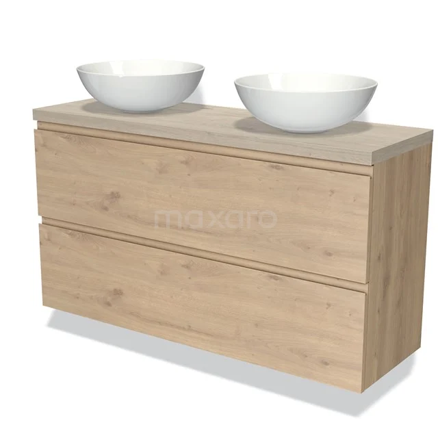 Holz-Waschtisch mit doppelten weißen Aufsatzwaschbecken, modernes Design, ideal für eine stilvolle Badezimmer Einrichtung.