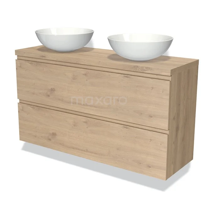 Modulo Plato Slim Badmöbel mit Aufsatzwaschbecken | 120 cm Hellbraune Eiche Grifflos front Hellbraune Eiche blatt 2 übereinanderliegende Schubladen BMK37-02417 Holz Badezimmermöbel mit zwei weißen runden Waschbecken, modernes Design und geräumigen Schubladen, perfekt für ein stilvolles Badezimmer.