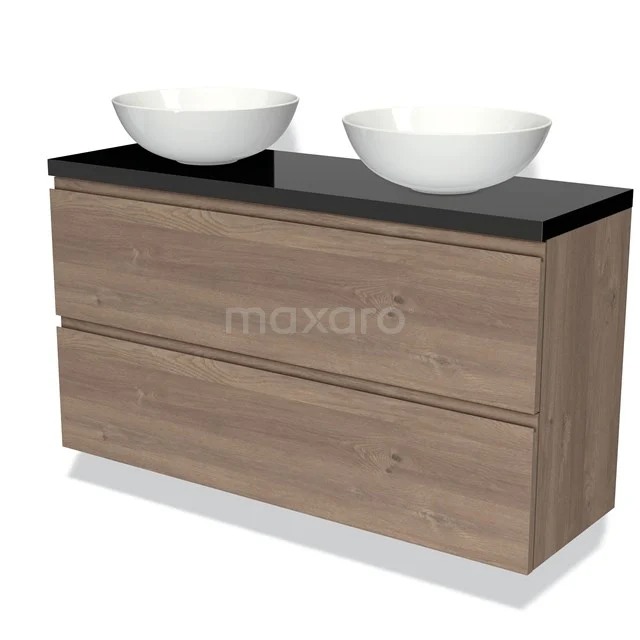 Badmöbel mit Konsole 120cm Modulo Plato Slim mittelbraune Eiche 2 Schubladen grifflos BMK37-02428 Holz-Badmöbel mit schwarzer Platte, zwei weißen Aufsatzwaschbecken und zwei Schubladen, stilvoll und praktisch für moderne Bäder.