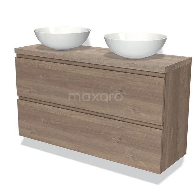 Modulo Plato Slim Vanity units for countertop basin | 120 cm Mid brown oak Handle-less front Oak worktop 2 Stacked drawers BMK37-02429