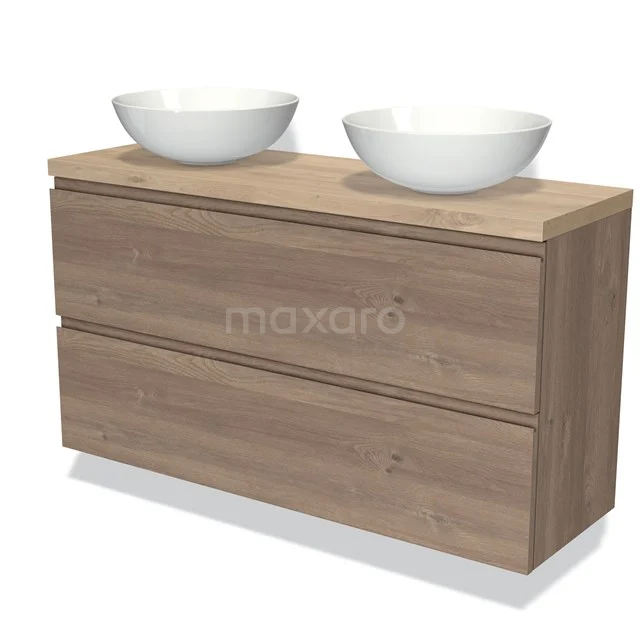 Modulo Plato Slim Vanity units for countertop basin | 120 cm Mid brown oak Handle-less front Light brown oak worktop 2 Stacked drawers BMK37-02431