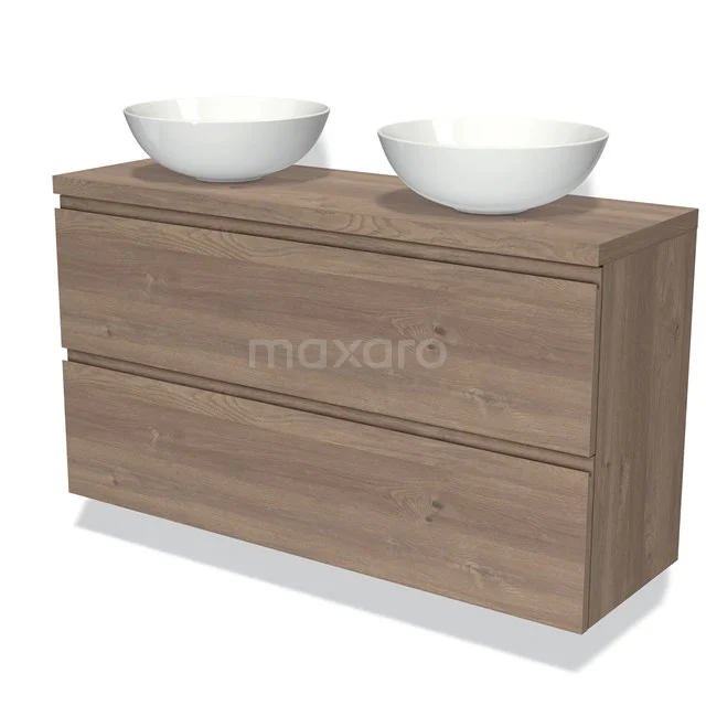Modulo Plato Slim Vanity units for countertop basin | 120 cm Mid brown oak Handle-less front Mid brown oak worktop 2 Stacked drawers BMK37-02432