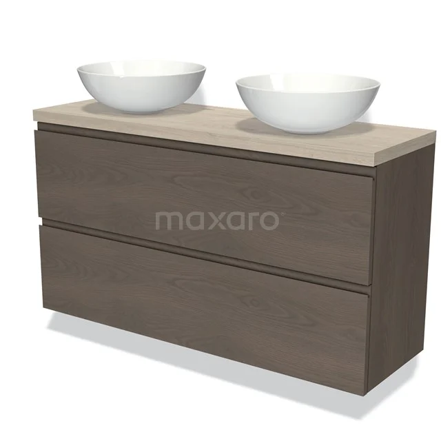 Modulo Plato Slim Vanity units for countertop basin | 120 cm Dark brown oak Handle-less front Light grey oak worktop 2 Stacked drawers BMK37-02444