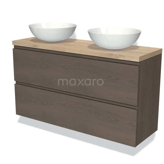 Modulo Plato Slim Vanity units for countertop basin | 120 cm Dark brown oak Handle-less front Light brown oak worktop 2 Stacked drawers BMK37-02445