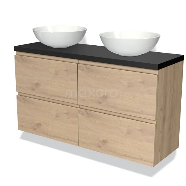 Holz-Badmöbel mit vier Schubladen, schwarzer Oberplatte und zwei weißen Aufsatzwaschbecken, modernes Design für stilvolle Bäder.