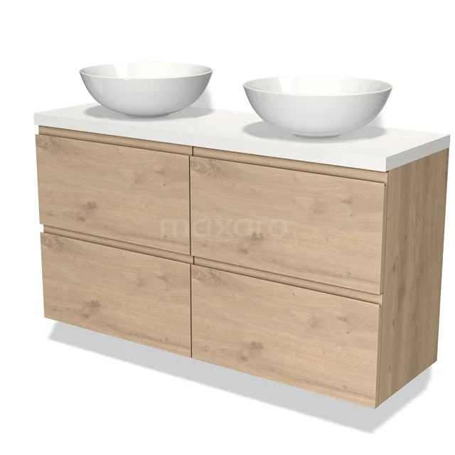 Holz Badezimmermöbel mit vier Schubladen, doppelten weißen Aufsatzwaschbecken und einem klaren Design, ideal für ein modernes Badezimmer.