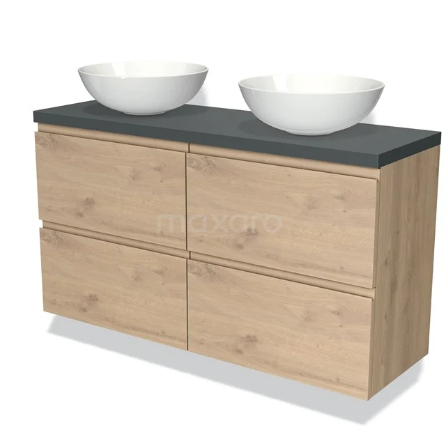 Moderne Waschtischset mit doppelten weißen Aufsatzwaschbecken, Holzlook-Schubladen und einer Dunkelgrau Platte, perfekt für das Badezimmer.