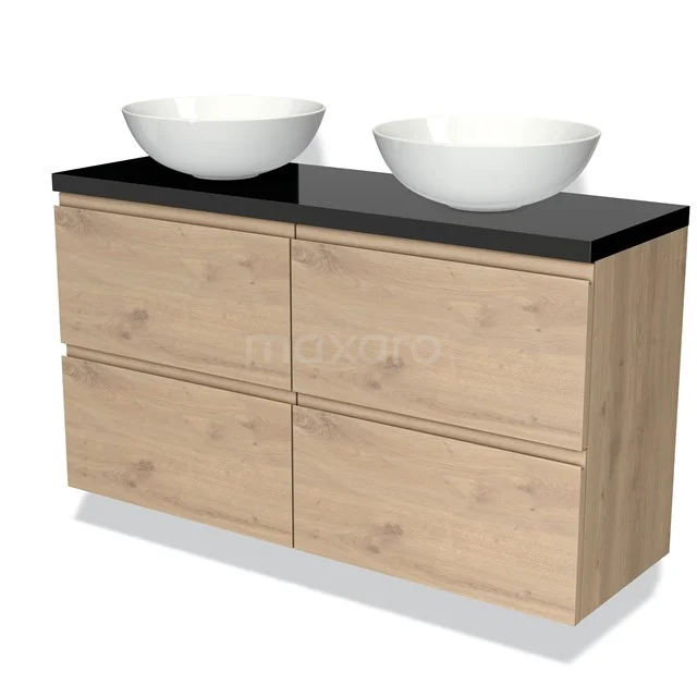 Holz Badezimmermöbel mit Schwarz Platte und zwei weißen Aufsatzwaschbecken, modernes Design, ideal für ein stilvolles Badezimmer.