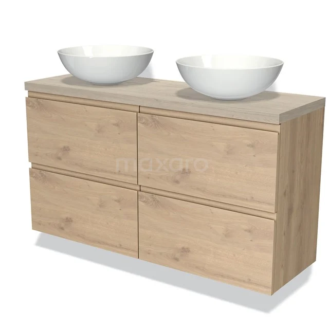 Holz Badezimmermöbel mit zwei weißen Waschbecken, modernes Design, vier Schubladen, perfekt für eine stilvolle Badezimmergestaltung.