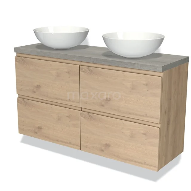 Eichenholz Badmöbel mit grauer Platte, doppelten Aufsatzwaschbecken und vier Schubladen, modernes Design für stilvolle Bäder.