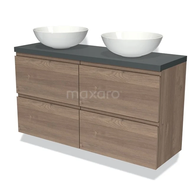 Houten badkamermeubel met dubbel zwarte wastafelblad en twee witte waskommen, ideaal voor moderne badkamers.