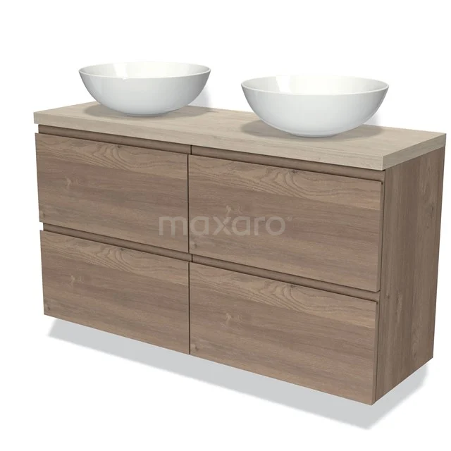 Houten badkamermeubel met eiken afwerking, dubbele waskommen en zes lades, ideaal voor moderne badkameropslag.