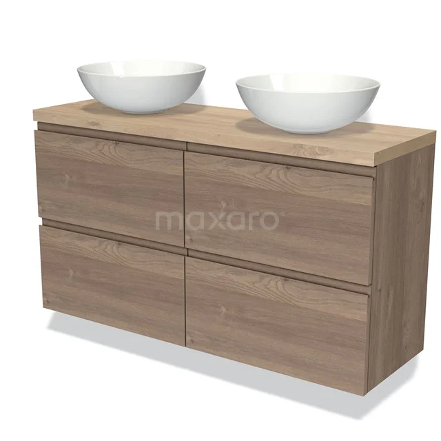 Eikenhouten badkamermeubel met dubbele waskommen, modern design en zes greeploze lades voor praktische opbergruimte.