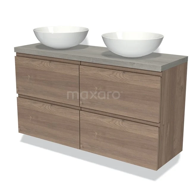 Houten dubbele wastafelmeubel met zes lades, grijs blad en twee ronde witte waskommen, perfect voor moderne badkamers.