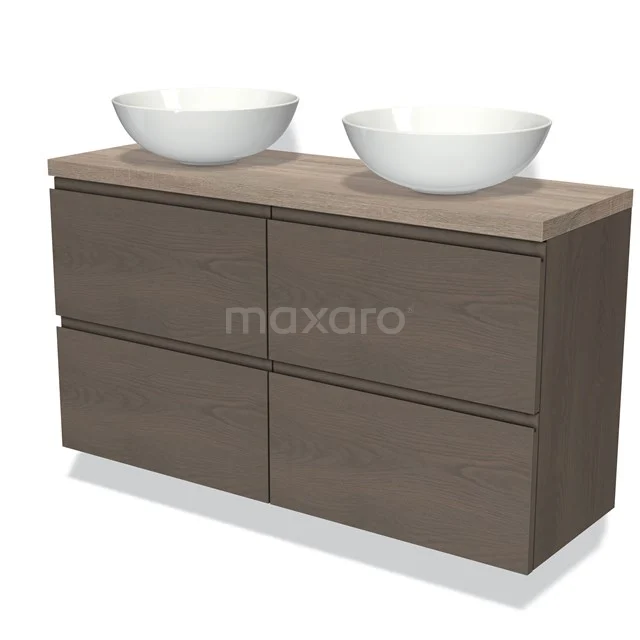 Modulo Plato Slim Vanity units for countertop basin | 120 cm Dark brown oak Handle-less front Oak worktop 4 drawers BMK38-00483