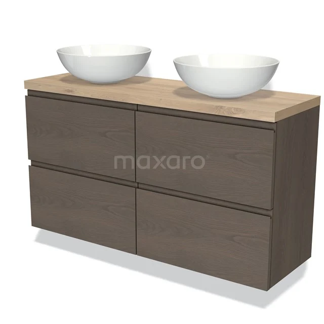Modulo Plato Slim Vanity units for countertop basin | 120 cm Dark brown oak Handle-less front Light brown oak worktop 4 drawers BMK38-00485