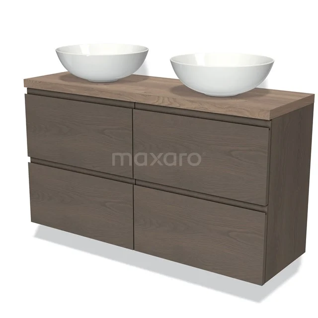 Modulo Plato Slim Vanity units for countertop basin | 120 cm Dark brown oak Handle-less front Mid brown oak worktop 4 drawers BMK38-00486