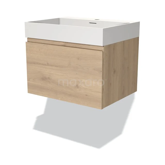 Holz-Badmöbel mit Schublade und weißer Waschtischplatte, modernes Design aus Eiche, ideal für eine stilvolle Badezimmergestaltung.