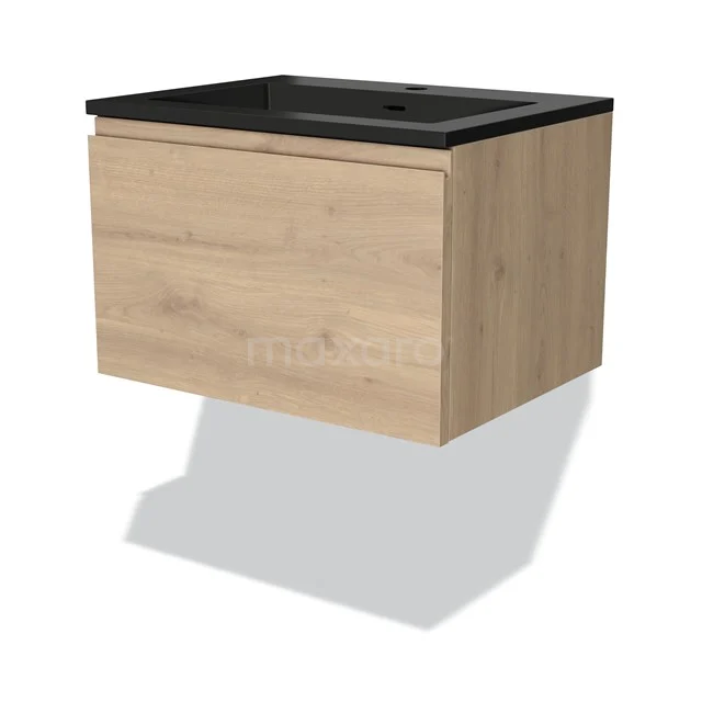 Bathroom unit wood with black basin worktop, modern hanging design, ideal for compact bathrooms.
