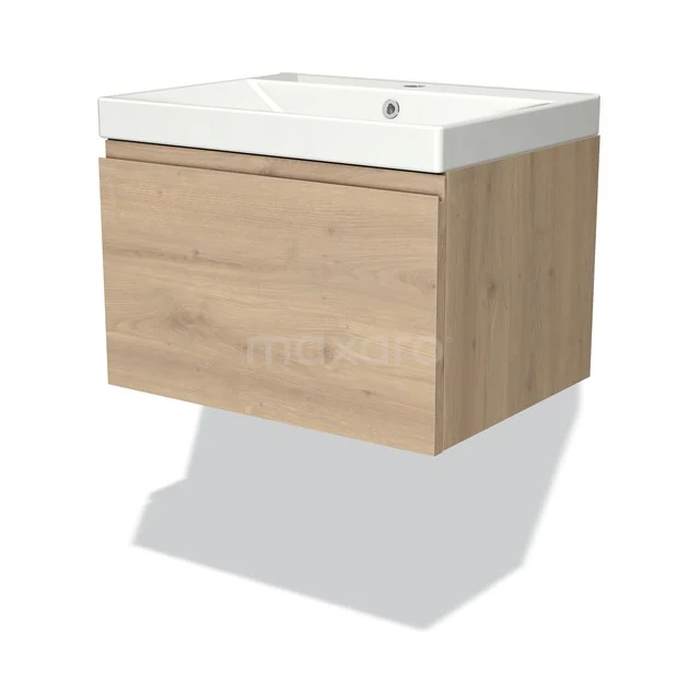 Holz-Badmöbel mit weißem keramischen Waschbecken, modernes Design, geeignet für kompakte Bäder.