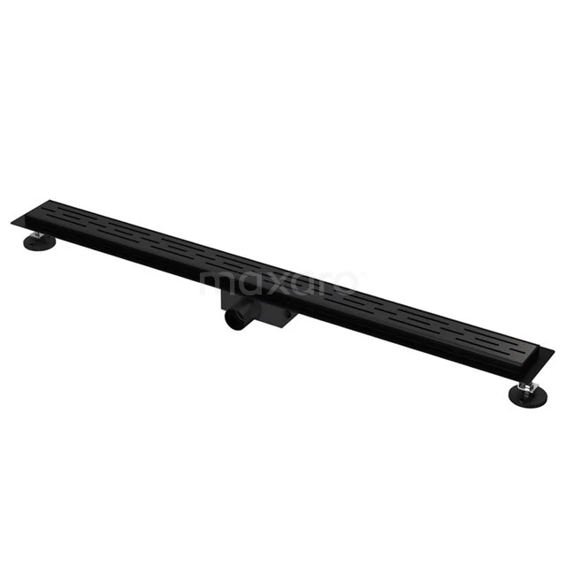 Schwarze, rechteckige Duschrinne aus Edelstahl, modernes Design, perfekt für schlichte Bäder.