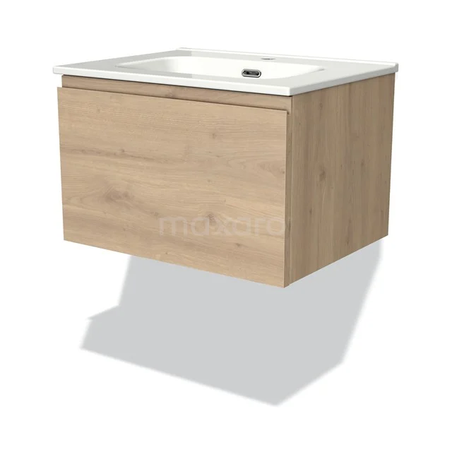 Wooden bathroom unit with a natural oak look and sleek white basin worktop, ideal for a modern bathroom design.