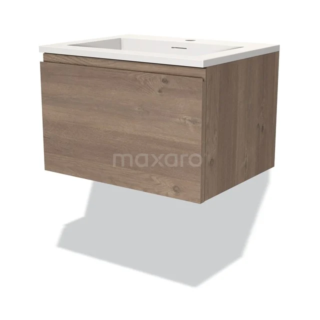 Modulo Waschtische | 60 cm Mittelbraune Eiche Grifflos front Solid Surface 1 Schublade BMW11-03348 Hängendes Badmöbel mit Waschbecken, Eiche-Look, kompakte Form, ideal für moderne Badezimmergestaltung.