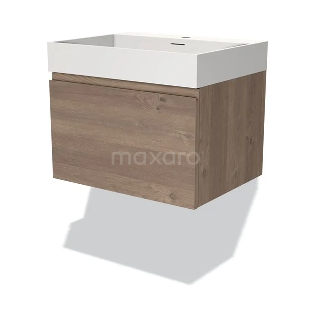 Wooden vanity unit with matte white sink, square design, suitable for modern bathroom design.