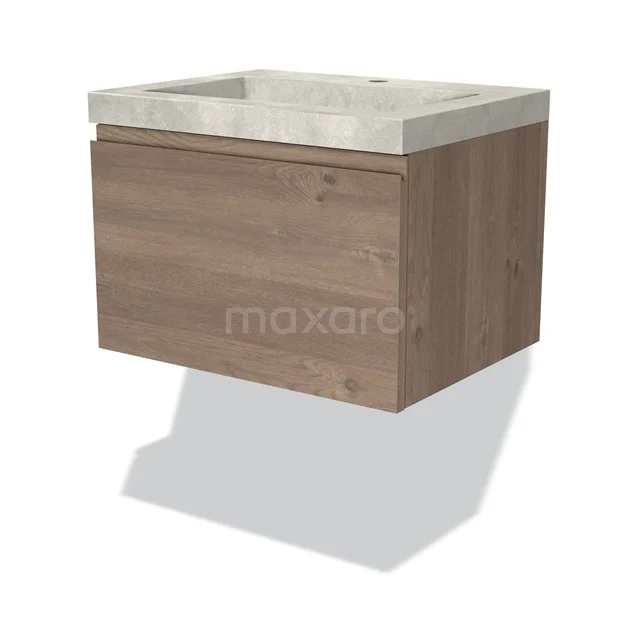 Wooden bathroom unit with drawers and angular basin in white concrete look, modern design for stylish bathroom spaces.