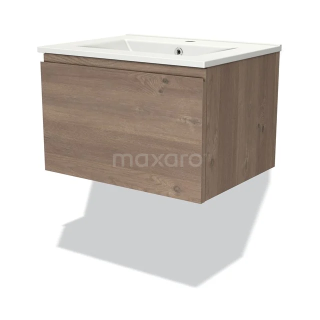 Holz schwebendes Badezimmermöbel in heller Eiche, mit weißem keramischen Waschbecken und minimalistischem Design, ideal für moderne Bäder.