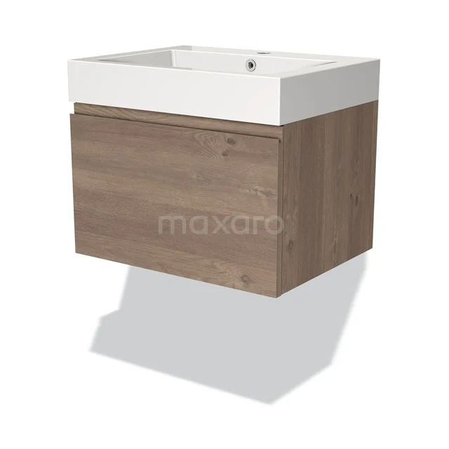 Badmöbel 60cm Modulo mittelbraune Eiche 1 Schublade griffloses Waschbecken Mineralguss BMW11-03357 Modernes Holz-Badmöbel mit weißem Waschbecken, kompaktes Design, ideal für kleine Bäder.
