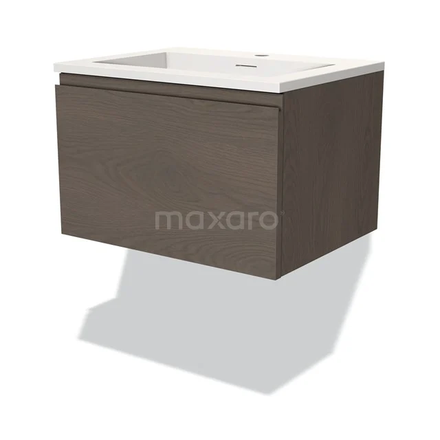 Wall-mounted bathroom unit in modern walnut look with white ceramic basin, compact and space-saving design.