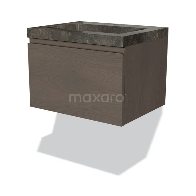 Hanging bathroom unit in wood look with black marble basin, modern design, ideal for stylish bathroom interiors.