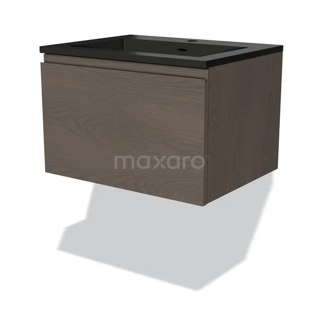 Floating bathroom unit with dark wood look, black ceramic Basin worktop, compact and modern design for stylish bathrooms.