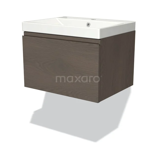 Wandhangend badkamermeubel in donkerhout met witte wastafel, strak design en compact formaat voor moderne badkamers.