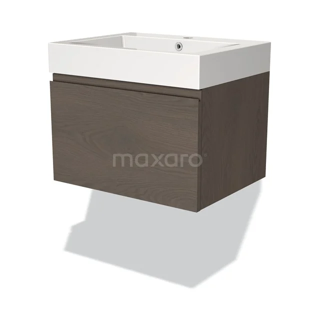 Hängendes Badmöbel mit einem weißen Waschbecken und einer dunkelbraunen Schublade, modernes Design, ideal für ein stilvolles Badezimmer.