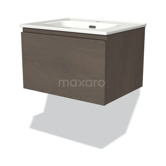 Hängendes Badezimmermöbel Holzoptik mit weißem Waschbecken, modernes Design, perfekt für kompakte Bäder.